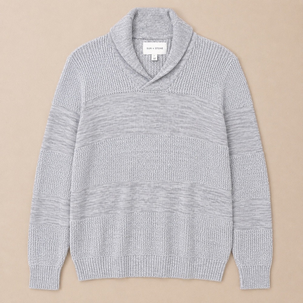 Sun + Stone Mens XL Grey Textured Shawl Collar Cotton Pullover Sweater Preppy